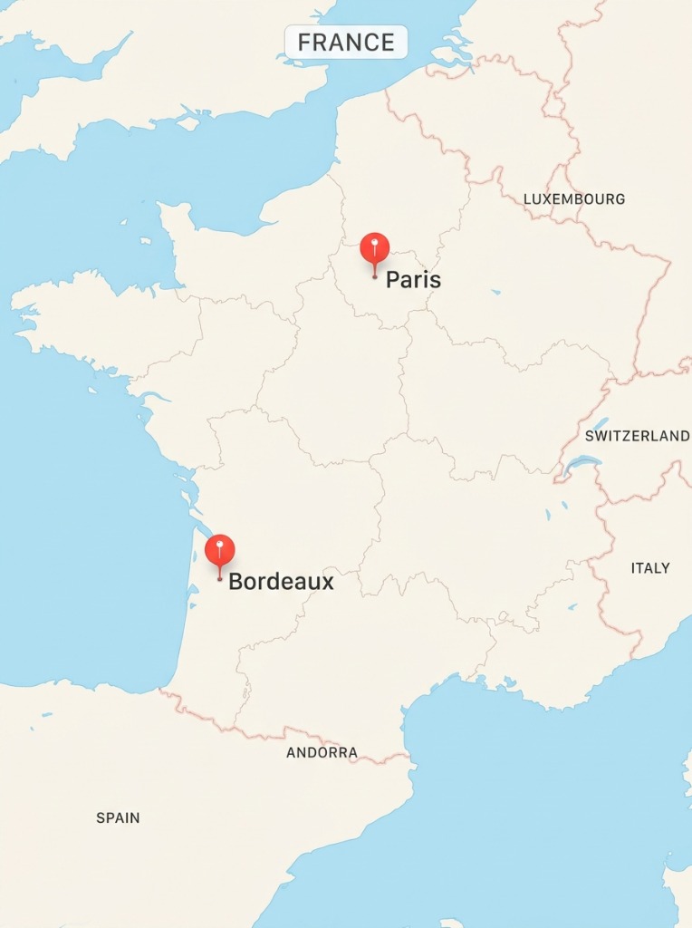 Carte de France des implantations Electric Premium Cars à Paris et Bordeaux